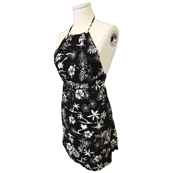 Womens Black White Halter Dress Hawaiian Print Sundress Tropical Beach Cute Sz S - Picture 2 of 8